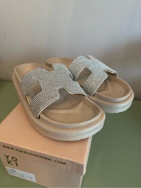Yoki Crystal-Studded Nude Slide Sandals